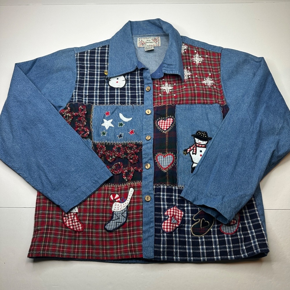 New Directions Womens Denim Jacket Medium Blue Patchwork Holiday Snowman 90s